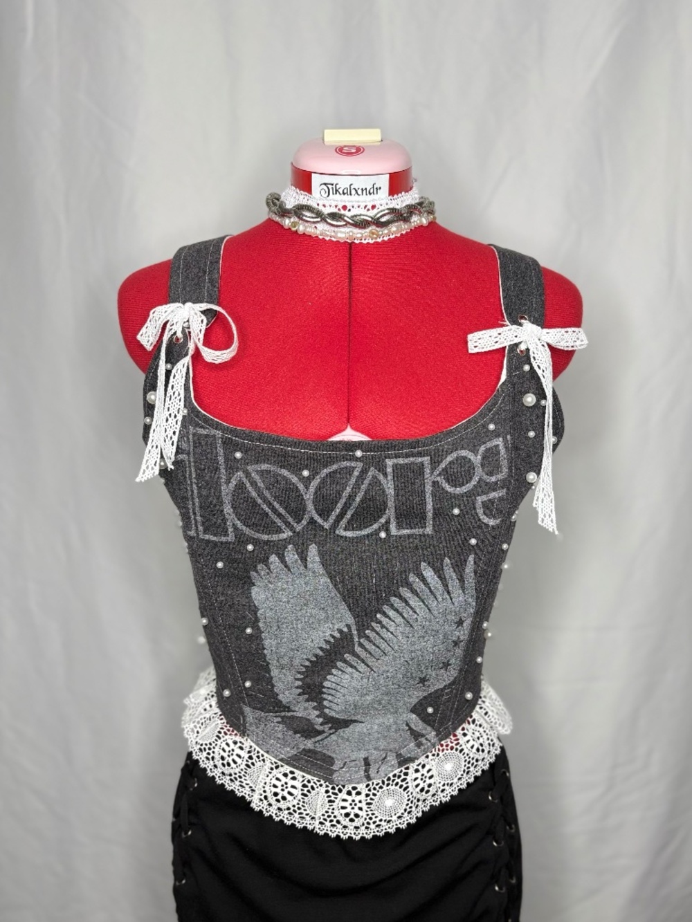Reworked Large "The Doors" Corset Top| Lace & Pearl Studded Details